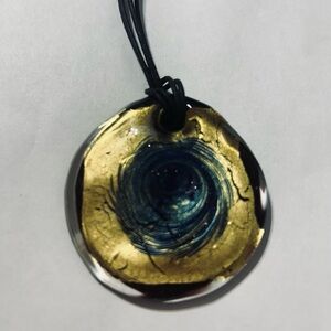 Murano Style, Round Melted Glass Pendant with Black Leather Necklace